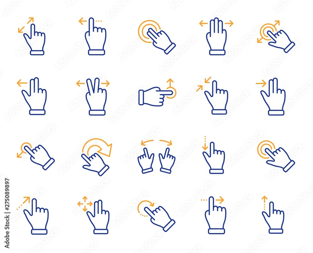 Touchscreen gesture line icons. Hand swipe, Slide gesture, Multitasking icons. Touchscreen technology, tap on screen, drag and drop. Smartphone mobile app or user interface. Vector - obrazy, fototapety, plakaty 