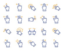 Touchscreen Gesture Line Icons. Hand Swipe, Slide Gesture, Multitasking Icons. Touchscreen Technology, Tap On Screen, Drag And Drop. Smartphone Mobile App Or User Interface. Vector