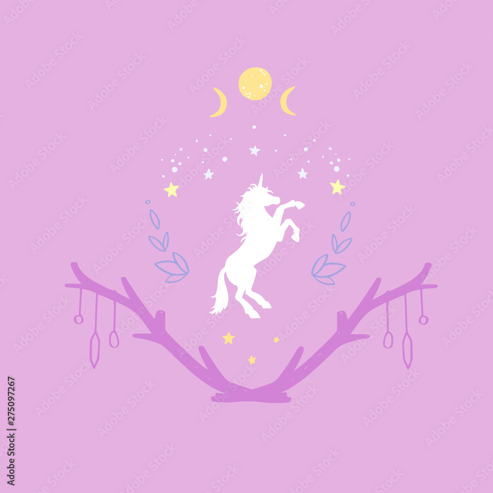 Unicorn in the night with starry sky and the moon. Fantasy style ...