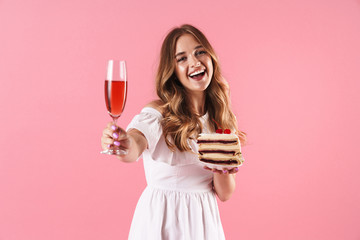 Poster - Image of nice smiling woman wearing white dress holding piece of cake and glass of wine