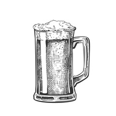 Sticker - Hand Drawn Mug With Froth Bubble Beer Drink Vector. Full Mug With Handle And Alcoholic Fresh Cold Brewery Liquid Light Ale. Closeup Monochrome Black And White Template Cartoon Illustration