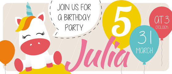 5th birthday party invitation card with  - Unicorn