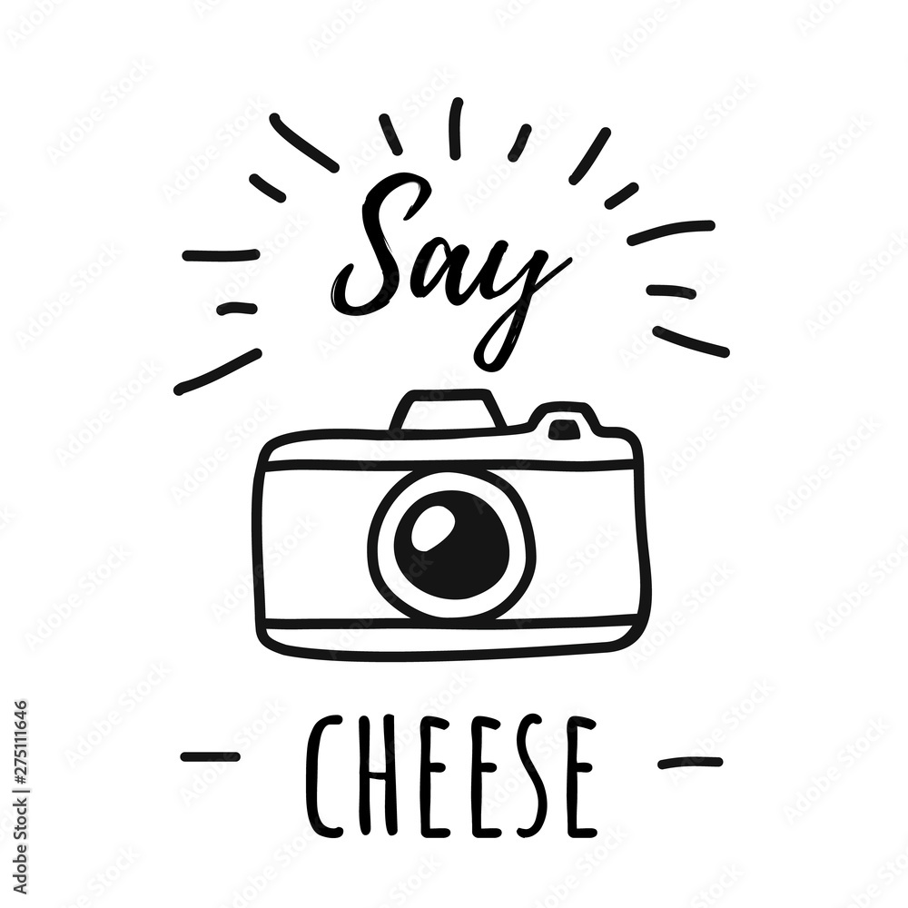 Hand draw Photo Camera Line Poster with the words Say cheese. Vector illustration in Simple Doodle Style - obrazy, fototapety, plakaty 