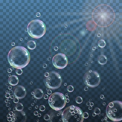 Wall Mural - Realistic floating soap bubbles with rainbow reflection on transparent background. Design element for advertising booklet, flyer or poster