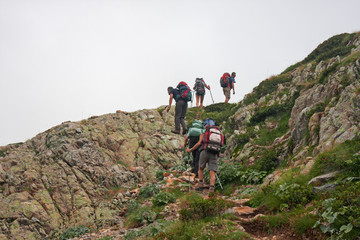 Wall Mural - Some hikers walk along an ancient mule track on the Maritime Alps, in Italy.