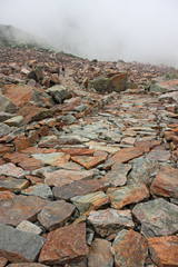 Wall Mural - some hikers walk along an ancient mule track on the maritime alps, in italy.