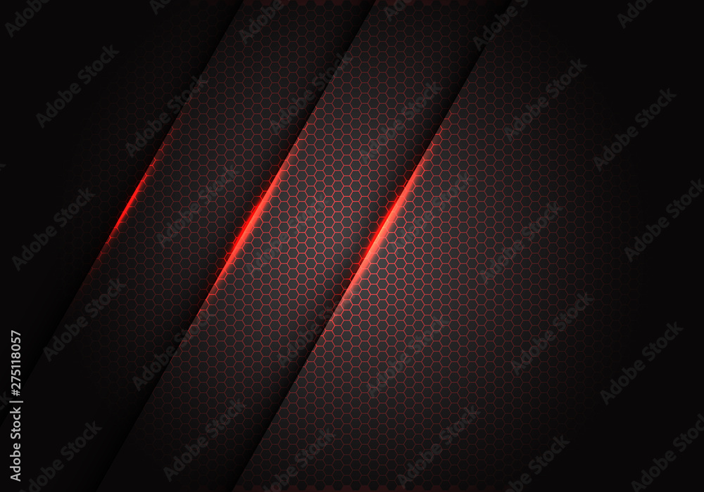 Abstract red light on hexagon mesh pattern in dark grey metallic design ...