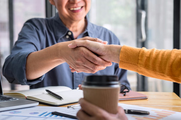 Aufkleber - Successful of business deal, Business partnership meeting and handshake after discussing good deal agreement and become a partner of trading contract and new projects for both companies