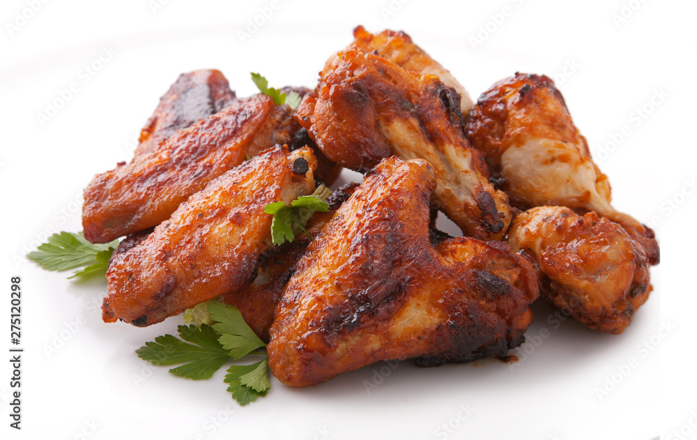 Plate of delicious barbecue chicken wings - obrazy, fototapety, plakaty 
