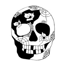 Vector Hand Drawn Black White Illustration Of Smiling Skull With Flowers, Spider Web, Tooth, Face Of Human Print Horror For T Shirt. Mexican Style, Day Of The Dead, Halloween. Sketch, Doodle Drawing.