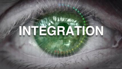 Close up of an eye focusing on an Integration concept on a futuristic screen.