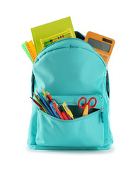 bright backpack with school stationery isolated on white