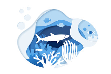 Wall Mural - Shark diving.Scuba diving. Paper art coral reefs concept. Paper cut underwater ocean background with coral reefs, fishes, seaweed, bubbles and waves. Vector illustration