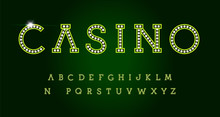 Casino Letters Set On Green Background. Green Luxury Style Vector Latin Alphabet. Font For Events, Web Business, Promotions, Logos, Banner, Monogram And Poster. Typography Design.