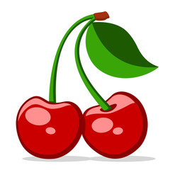 Wall Mural - Two red ripe cherries with a leaf on a white.