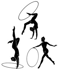 Collection. Rhythmic gymnastics. Silhouette of a girl with a hoop. Beautiful gymnast. The woman is slim and young. Vector illustation set