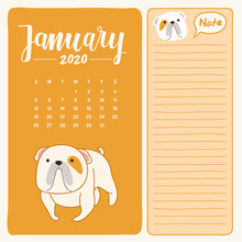 2020 Calendar Template With Little Puppy  Character : Vector Illustration