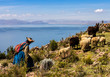 shepherdess with a small herd of sheep and a donkey on the shores of lake titicaca