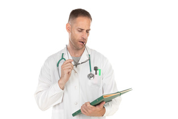 Handsome doctor with glasses holding documents