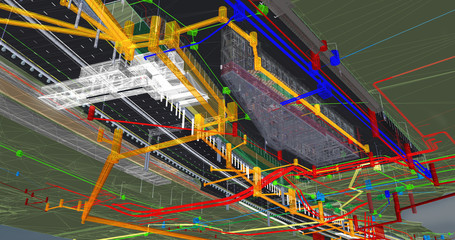 Wall Mural - The BIM model of the  of urban infrastructure object of wireframe view