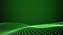 A Futuristic Wave Of Coloured Green Dots And Matrix Lines Changing Shape Against A Dark Green Background