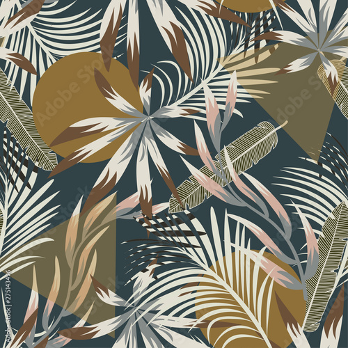 Abstract seamless tropical pattern with bright leaves and plants on blue back...