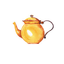 Yellow Teapot Or Coffeepot Isolated On White Background. Hand Drawn Watercolor Illustration.