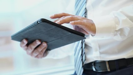 Wall Mural - Close up of businesman's hands working on tablet