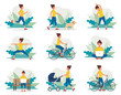 © Biscotto Design - Woman doing different outdoor activities running, dog walking, yoga, exercising, sport, cycling, walking with baby carriage. Vector illustration in flat style, healthy lifestyle concept.