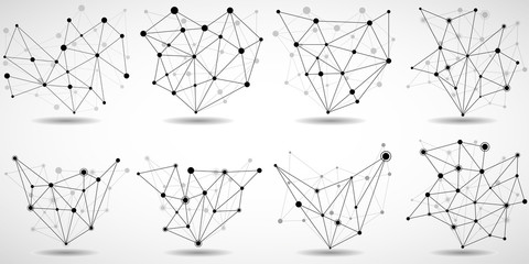 Set of wireframe mesh with dot and line, network connection, abstract form