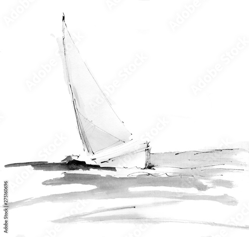 Dekoracja na wymiar  jacht-na-morzu-zaglowka-ilustracja-malarstwo-tuszem-tapeta-na-bialym-tle