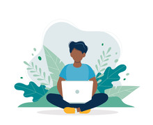 Black Man With Laptop Sitting In Nature And Leaves. Concept Vector Illustration For Working, Freelancing, Studying, Education, Work From Home. Illustration In Flat Cartoon Style
