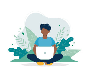 Black man with laptop sitting in nature and leaves. Concept vector illustration for working, freelancing, studying, education, work from home. Illustration in flat cartoon style