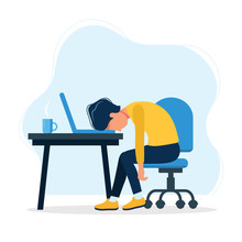 Burnout Concept Illustration With Exhausted Man Office Worker Sitting At The Table. Frustrated Worker, Mental Health Problems. Vector Illustration In Flat Style