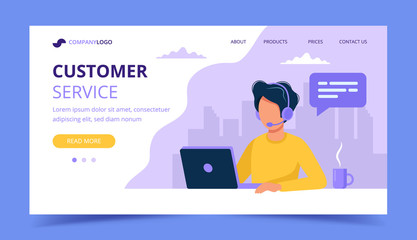 Wall Mural - customer service landing page. man with headphones and microphone with computer. concept illustratio