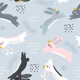 Seamless childish pattern with jumping rabbits in crown. Creative nursery texture. Perfect for kids design, fabric, wrapping, wallpaper, textile, apparel