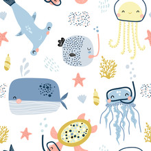 Seamless Pattern With Cute Undersea Inhabitants In Masks. Creative Childish Background. Perfect For Kids Apparel,fabric, Textile, Nursery Decoration,wrapping Paper.Vector Illustration
