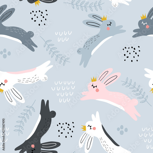 Seamless childish pattern with jumping rabbits in crown. Creative nursery tex...