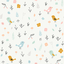 Seamless Childish Pattern With Tiny Birds And Floral Elements. Creative Scandinavian Style Kids Texture For Fabric, Wrapping, Textile, Wallpaper, Apparel. Vector Illustration