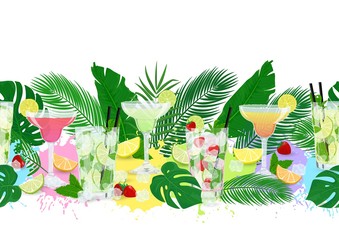 Vector horizontal border with cocktails, citrus fruits and tropic leaves. Seamless pattern with Classic Mojito, Strawberry Mojito, Margarita, lemonade on colorful tropic background for bar, design.