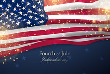Vector Template With Waving American Flag And Gold Fireworks For Banners Of Independence Day. Festive Dark Background With Close-up Of Flag Of United States For Greeting Posters Or Flyer For July 4th.