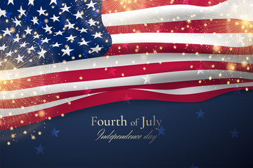 Vector template with waving american flag and gold fireworks for banners of Independence day. Festive dark background with close-up of flag of United States for greeting posters or flyer for July 4th.