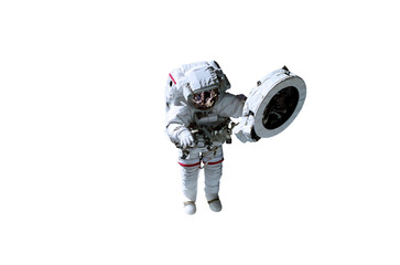 Wall Mural - single space astronaut in white suit with red lines isolated on white background. science fiction. e