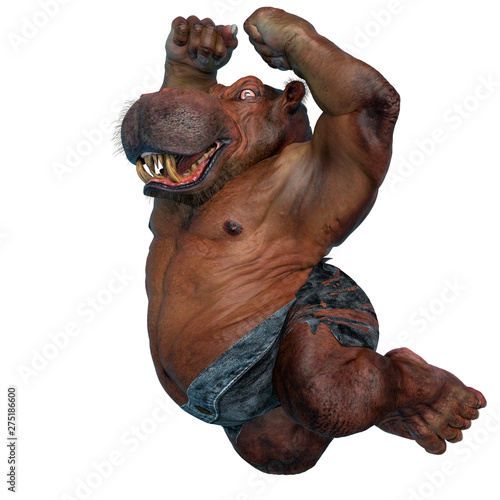 Photographie big and fat hippopotamus mutant is ready to smash all in a white background