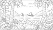 Coloring book tropical landscape. Hand draw vector illustration with separate layers.