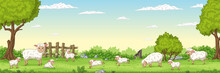 Panorama Landscape With Sheep. Vector Illustration With Separate Layers.