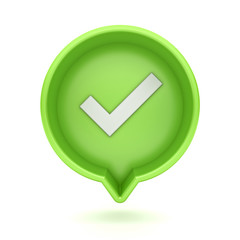 Poster - 3d social media notification check mark icon in light green round pin isolated on white background with shadow 3D rendering