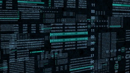 Leinwandbilder - HUD Futuristic Technology Digital Big Data Number Code Screen Information Display. Digit Binary Decimal Statistics Random Selection Fly Trough Animation 4K Footage Background.