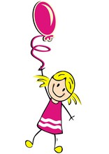 Girl With Purple Balloon, Funny Vector Illustration. Smiling Kid Holds Balloon. 