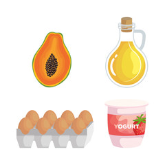 Sticker - set of pawpaw and olive oil with eggs and strawberry yogurt